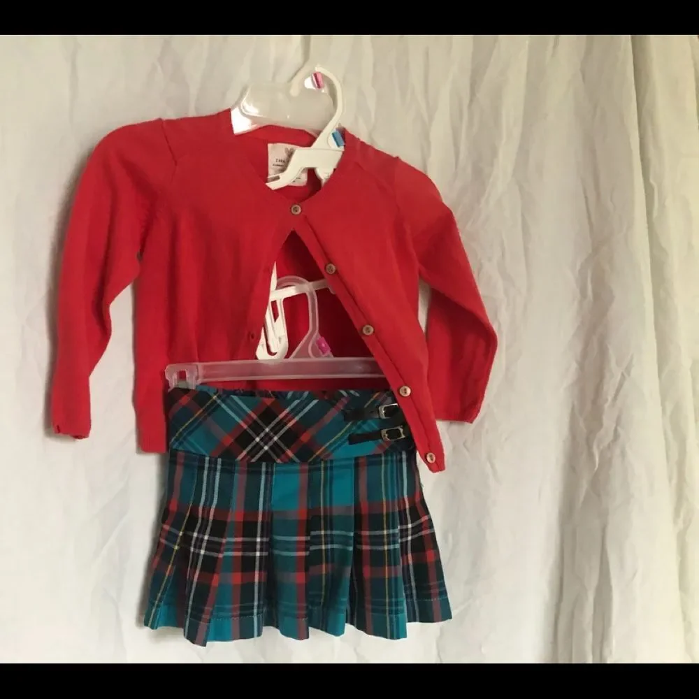 Zara Orange Red Cardigan Childrens Place Plaid Kilt Skirt 3T 4T - Picture 2 of 4